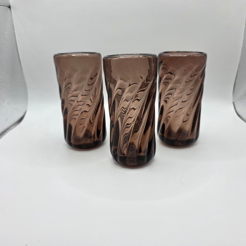 Vintage Hand‎ Blown Glass Bud Vases Smoky Amethyst Brown Optic Swirl Set of 3